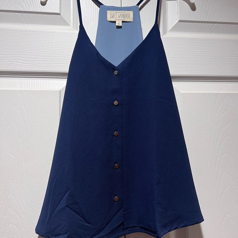 Sweet Wanderer Deep Blue Button-Front Tank Top